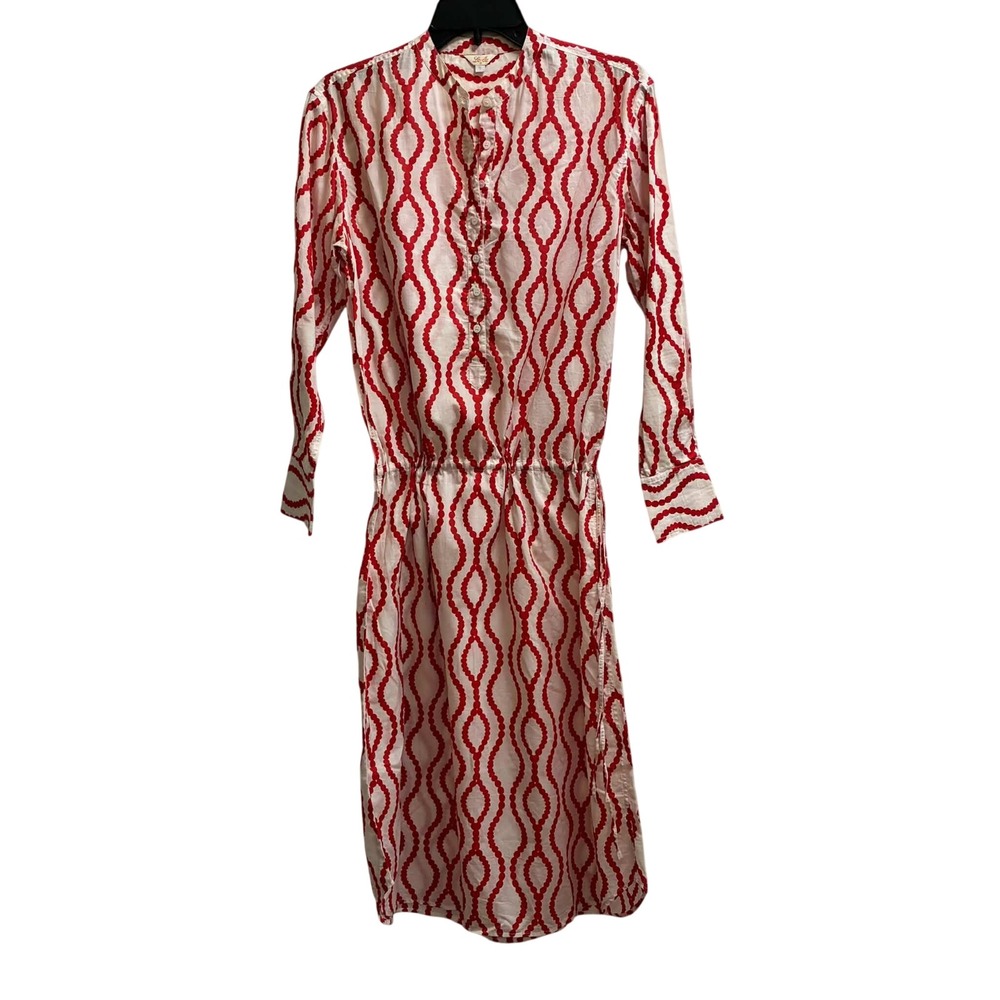 Laila Midi Dress Womens Medium Red White Wavy Print Cotton Excellent